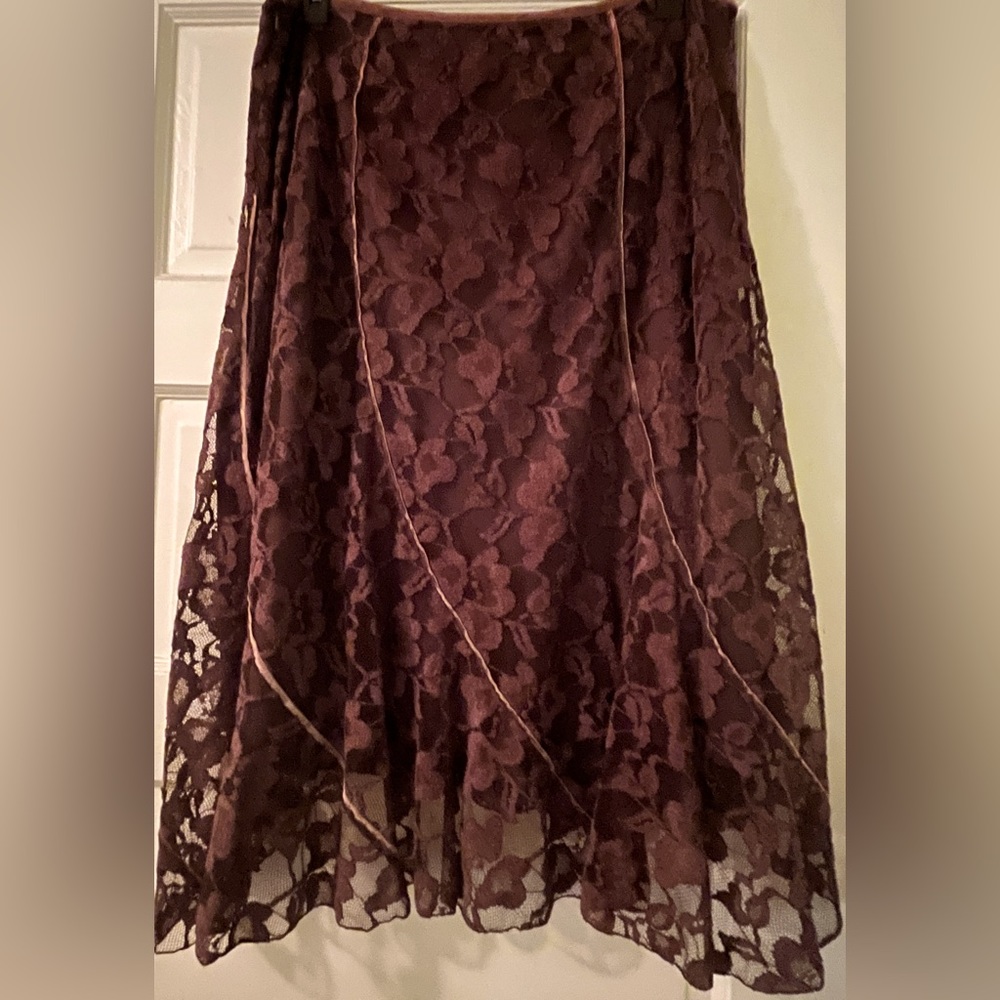 Dark brown lace panel skirt, brown velvet trimmed lined with polyester